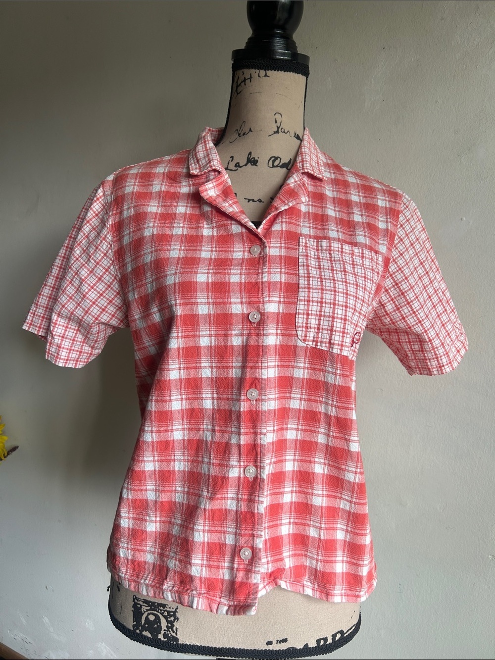 Penfield Short Sleeve Plaid Button Down Orange White Top Size Small - Picture 2 of 9